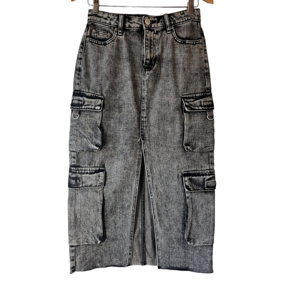 True Religion Skirt Midi Vintage Cargo Black Denim Fringe Slit Midi Skirt 24